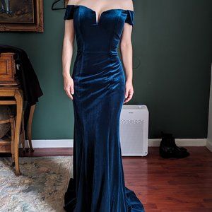 La Femme Dark Teal Velvet Gown